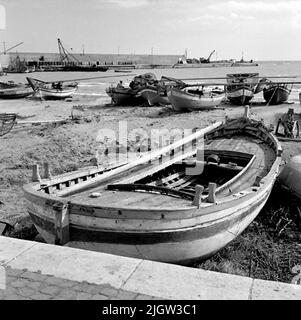 15. Italie. Le journal photo est disponible à B.M.A. + albums photo. Acquisition : livres et documents d'archives. Photos prises 1959-10-28,12 photos en série. Selon les notes: Italie. Côte Adriatique, Trani, 28/10 -59. Bateaux de pêche couverts commandés sur la plage. Un certain nombre de bateaux sont commandés sur une plage. En arrière-plan, la jetée est visible dans un port. Banque D'Images