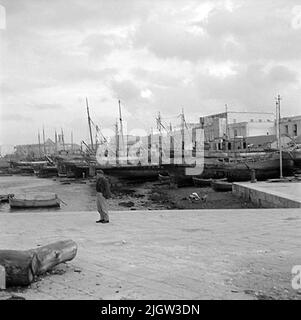 16. Italie. Le journal photo est disponible à B.M.A. + albums photo. Acquisition : livres et documents d'archives. Photos prises 1959-10-28,12 photos en série. Selon les notes: Italie. Côte Adriatique, molfetta, 28/10 -59. Une série de photos du même bateau en bois tourne que les dernières photos sur film 15. Total des lits STAP. Plusieurs bateaux sont situés dans un port. Certains d'entre eux sont situés sur la plage. Au premier plan se trouve un homme sur le quai. En arrière-plan est une société. Banque D'Images