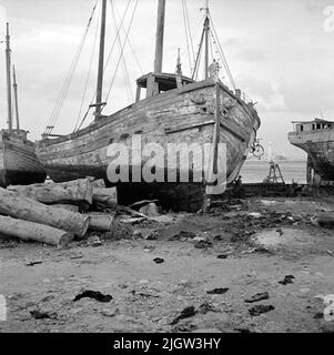 16. Italie. Le journal photo est disponible à B.M.A. + albums photo. Acquisition : livres et documents d'archives. Photos prises 1959-10-28,12 photos en série. Selon les notes: Italie. Côte Adriatique, molfetta, 28/10 -59. Une série de photos des mêmes tours de bateau en bois que les dernières photos sur film 15.A un couple de bateaux sont situés sur une plage. Un couple d'hommes se tiennent et travaillent avec les bateaux. De l'autre côté de la baie se trouve un port avec un phare. Banque D'Images