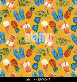 Motif aquarelle sans couture, imprimé été, motif saisonnier répété, arrière-plan des fêtes, ananas, Tongs, cocktail de feuilles de palmier, lunettes de soleil Banque D'Images