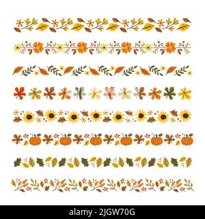 Collection de bordures décoratives florales d'automne. Bordures sans couture avec feuilles d'automne, fleurs de saison et citrouilles. Éléments isolés. Illustration vectorielle. Illustration de Vecteur