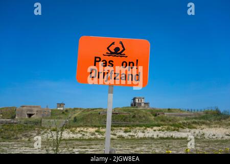 Panneau d'avertissement Quicksand à Ostende/Belgique Banque D'Images