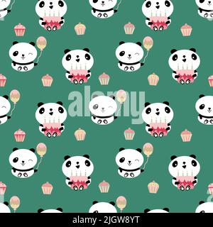 Kawaii panda joyeux anniversaire vecteur sans couture motif arrière-plan. Toile de fond mignonne avec des ours de dessin animé riant tenant des gâteaux, des ballons, des cupcakes. Vert Illustration de Vecteur