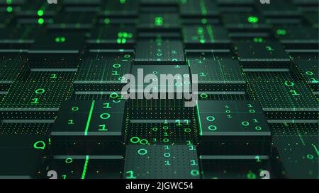 Technologies Internet blockchain. Big Data à code binaire. Technologie de l'information, flux de données numériques. Analyse des données. Concept d'ordinateur quantique Banque D'Images