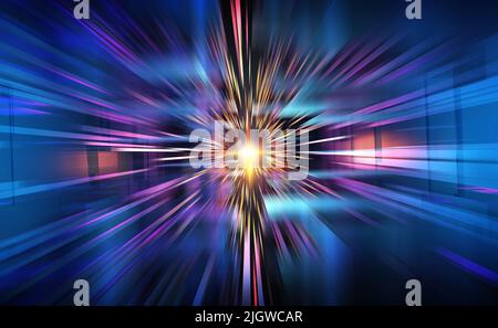 Flux de données, tunnel à grande vitesse, vol dans le cyberespace 3D illustration, réseau sans fil et technologies futures Banque D'Images