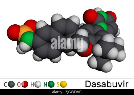 Molécule de Dasabuvir. Il s'agit d'un médicament antiviral utilisé pour traiter le virus de l'hépatite C, le VHC et les infections. Modèle moléculaire. 3D rendu. Illustration Banque D'Images