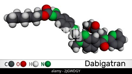 Molécule de dabigatran. Il s'agit d'un médicament anticoagulant. Modèle moléculaire. 3D rendu. Illustration Banque D'Images