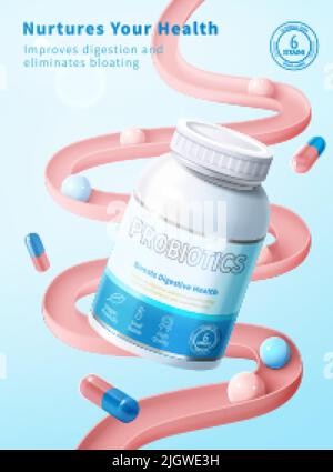 Modèle de publicité supplémentaire pour les probiotiques créatifs minimaux. 3d composition d'une bouteille de médicament blanche et d'un modèle intestinal rose avec capsule et bille d'enzyme. Concept de lui Illustration de Vecteur