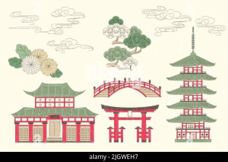 Bâtiments japonais dont torii, pont avec éléments naturels de fleurs, arbres et nuages éléments illustrés dans le style d'encre vintage sur le dos beige Illustration de Vecteur