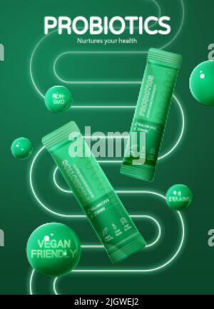 Modèle publicitaire de supplément de probiotiques monotone créatif. 3d composition de blocs verts avec sphères et lumière fluo en forme de tube. Concept de digestion saine Illustration de Vecteur