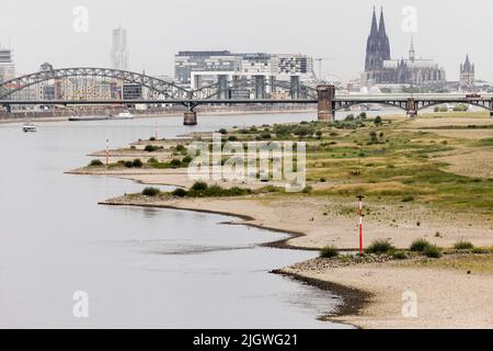 Cologne, Allemagne. 13th juillet 2022. Vue sur le Rhin à un niveau de 154cm - la cathédrale de Cologne peut être vue en arrière-plan. Selon le service météorologique, il sera très chaud à chaud en Allemagne. Credit: Rolf Vennenbernd/dpa/Alay Live News Banque D'Images