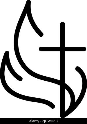 Vecteur Christian logo coeur monoline avec la croix et le feu sur un fond blanc. Symbole calligraphique dessiné à la main. Icône de religion minimaliste Illustration de Vecteur