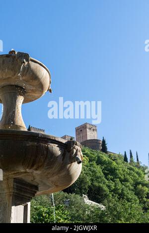 Vue sur le palais de la Alhambra depuis le Paseo de los tristes, Grenade, Espagne Banque D'Images