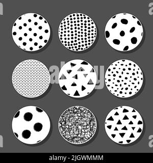 Ensemble d'arrière-plans ou de motifs monochromes abstraits ronds. Formes de caniche dessinées. Taches, triangles, courbes, lignes. Illustration vectorielle de mode moderne. Illustration de Vecteur