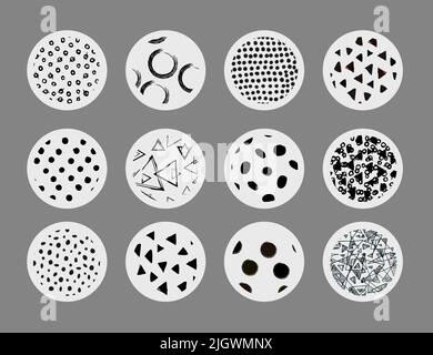 Ensemble d'arrière-plans ou de motifs abstraits géométriques ronds en noir et blanc. Formes de caniche dessinées. Taches, triangles, courbes, lignes. Vecteur de mode moderne Illustration de Vecteur