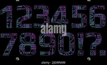 Ensemble de chiffres de contour de style numérique perforé avec des pistes de carte de circuit imprimé isolées sur fond noir. Chiffres pour le monde numérique moderne Illustration de Vecteur