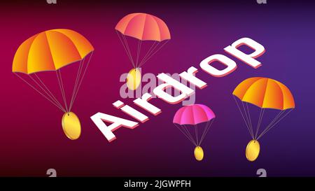 Concept AirDrop pièces sur parachutes et grand texte isométrique sur fond violet. Pièces de monnaie dorées vierges avec espace pour copier le logo ou le symbole de jeton. Vecteur i Illustration de Vecteur