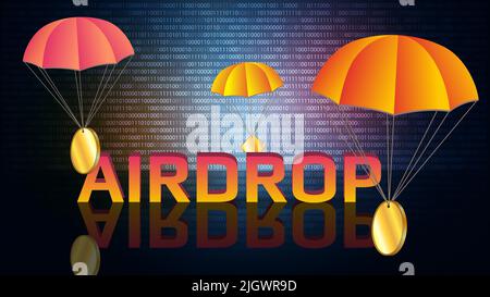Grand texte orange AirDrop et parachutes avec pièces de monnaie dorées vierges sur sol miroir avec réflexion. Espace de copie pour le logo de jeton. Distribution de pièces gratuites Illustration de Vecteur