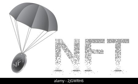 Texte fragmenté jeton non fongible NFT et parachute avec pièce NFT en gris isolés sur fond blanc. Élément de conception pour les baners et les sites Web Illustration de Vecteur