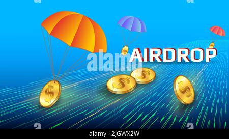 Concept futuriste de Airdrop symbolique avec recul de la perspective sur la route numérique et dollars de pièce d'or USD avec parachutes sur fond bleu. Vecteur Illustration de Vecteur