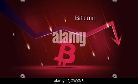 Bitcoin BTC dans la tendance à la baisse et le prix baisse sur fond rouge foncé. Symbole de pièce de crypto-monnaie et flèche rouge vers le bas avec des météores en chute. CR. De négociation Illustration de Vecteur