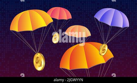 Concept AirDrop avec parachutes colorés et pièces d'or gratuites Dollar USD sur fond numérique sombre. Concept de distribution de pièces gratuites. Vecteur illus Illustration de Vecteur