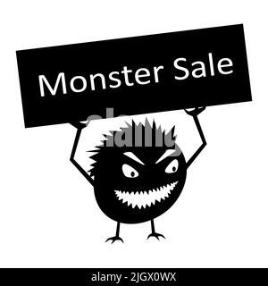 Angry Funny Monster tient une affiche de vente. Une petite créature pour faire campagne dans les magasins en ligne. Isolé. Illustration de Vecteur