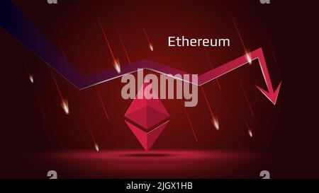 Ethereum ETH en tendance à la baisse et prix en baisse sur fond rouge foncé. Symbole de pièce de crypto-monnaie et flèche rouge vers le bas avec des météores en chute. Commerce c Illustration de Vecteur