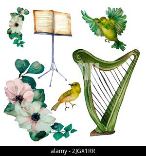 Harpe vintage, notes, fleurs et oiseaux aquarelle illustration sur fond blanc. Jeu d'instruments de musique et fleurs peintes à la main. Design pour voler Banque D'Images
