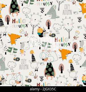 Motif sans couture avec dessin animé animaux amusants et arbres Illustration de Vecteur