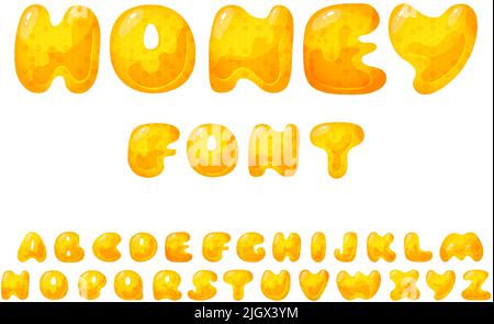 Police douce au miel. Lettre de dessin animé miel liquide, police vectorielle nid d'abeille jaune. Illustration de Vecteur