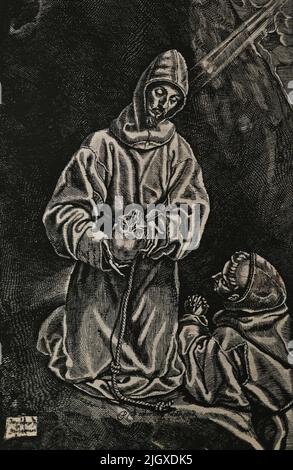 Saint François et frère Leo. Copie de la gravure et de la gravure faite par le graveur flamand Diego de Astor (ca. 1587-1650) en 1606. L'original est logé dans la Biblioteca Nacional. Musée El Greco. Tolède, Espagne. Banque D'Images