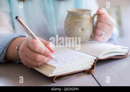 Gros plan des mains de la femme blanche écrivant dans un journal Banque D'Images