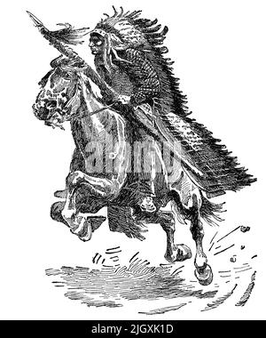 Gravure à l'époque victorienne d'un guerrier amérindien à cheval. Banque D'Images