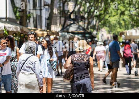 Barcelone, Espagne - 26 mai 2022: Personnes marchant le long des Ramblas à Barcelone (Espagne), la rue la plus célèbre de la ville. Banque D'Images