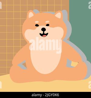 Shiba est assis sur une ficelle tenant ses jambes avec ses mains, sur un fond vert Illustration de Vecteur