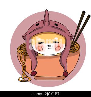 Shiba est assis dans une tasse de nouilles dans un costume de dauphin rose Illustration de Vecteur