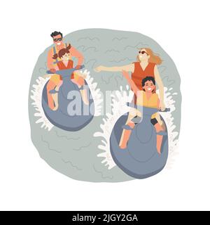 Illustration vectorielle isolée jet ski. Les membres de la famille sur deux jet ski, les enfants agitant la main, profiter de la promenade, style de carribean, activités récréatives d'été, dessin animé vectoriel de station balnéaire. Illustration de Vecteur