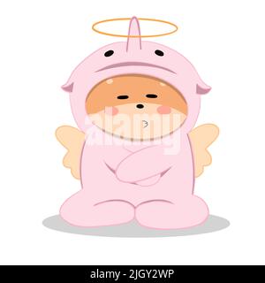 Shiba Inu se tient insatisfait d'un costume rose avec un halo ange sur sa tête Illustration de Vecteur