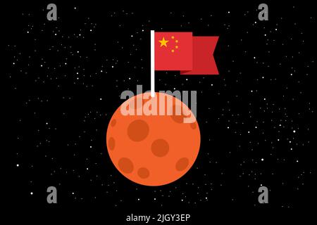 Le drapeau national de la Chine agite sur Mars - la planète est explorée et colonisée par pays. Colonisation chinoise et exploration de l'espace extra-atmosphérique, cosmo Banque D'Images