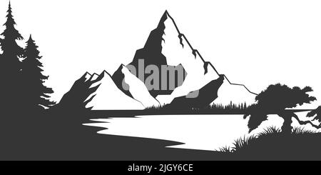 Illustration du vecteur de silhouette de Muntain. Illustration vectorielle isolée de la silhouette de la gamme Mountain. Illustration vectorielle de montagne noir et blanc de style ancien Illustration de Vecteur