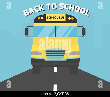 Vue de face de l'autobus scolaire, logo du thème de la rentrée scolaire. Bienvenue à nouveau à l'école bannière vecteur conception et illustration. Illustration de Vecteur