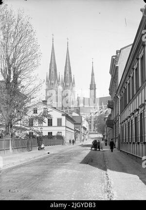 Trädgårdsgatan à Uppsala, de Slottsgränd vers le nord-ouest 1901 - 1902. Dans la Fondation de la cathédrale d'Uppsala. Le nom de la rue du jardin rappelle le grand jardin du château, qui, avant la réglementation de planification de la ville au 17th siècle s'étendait à travers la région. Dans le fonds, la cathédrale s'élève dans sa nouvelle figure, formée par Helgo Zettervall 1885 - 93. La grande maison blanche au centre de la photo a été construite à l'origine comme un bâtiment résidentiel dans les 1860s, mais a été plus tard reconstruit à l'école par la société Uppsala institutions individuelles d'éducation, généralement appelé Skrapanan. ' Depuis Ola Ehn & Gunnar Banque D'Images