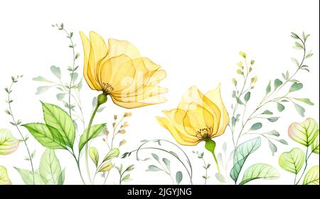 Bordure sans couture rose aquarelle. Arrangement floral abstrait de fleurs jaunes, de branches et de feuilles d'eucalyptus. Illustration main transparente Banque D'Images