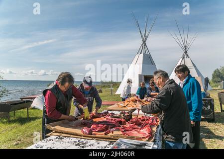 Des Dénés autochtones préparent la viande pour la fête communautaire en été, dans le village de Deline, dans le nord des Territoires du Nord-Ouest, au Canada Banque D'Images