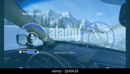 Illustration de l'interface avec l'icône de charge de la batterie et le compteur de vitesse au-dessus du véhicule Banque D'Images