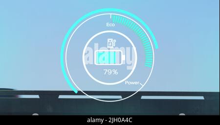 Illustration de l'interface avec l'icône de charge de la batterie et le compteur de vitesse sur route Banque D'Images