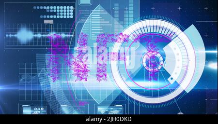 Illustration de l'interface numérique avec portée d'acquisition et texte nft sur fond bleu Banque D'Images