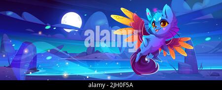 Chat monstre mignon sur le paysage de la planète extraterrestre fantastique. Caricature drôle personnage moelleux avec ailes de fées sur fond avec lac magique lumineux et rochers sous pleine lune dans ciel de nuit illustration vectorielle Illustration de Vecteur