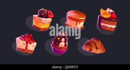 Desserts sucrés, gâteaux, cupcake et croissant isolés en arrière-plan. Vector caricature jeu icônes ensemble de la nourriture mignonne cuite avec chocolat et glaçure de gelée, fruits, crème fouettée et bonbons Illustration de Vecteur